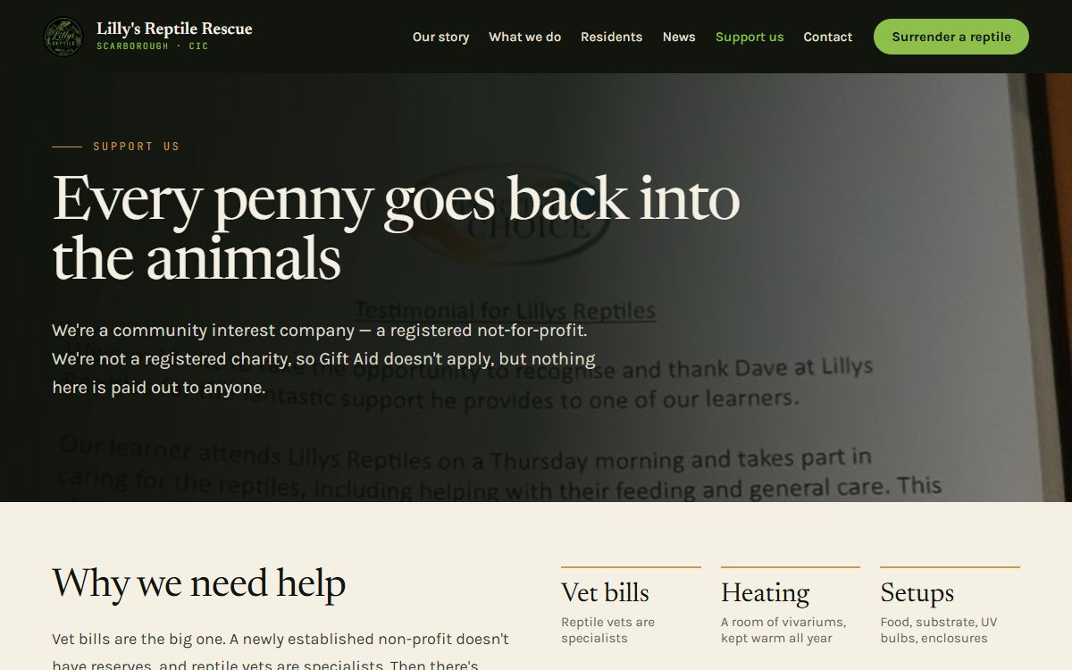 Lilly's Reptile Rescue – Website & Booking System for a Scarborough Rescue Centre screenshot