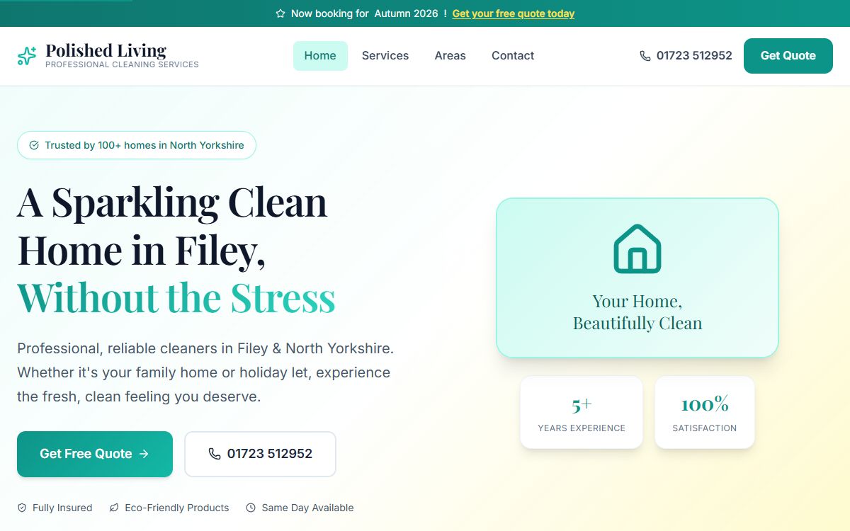 Polished Living – Website for a Filey Cleaning Company screenshot