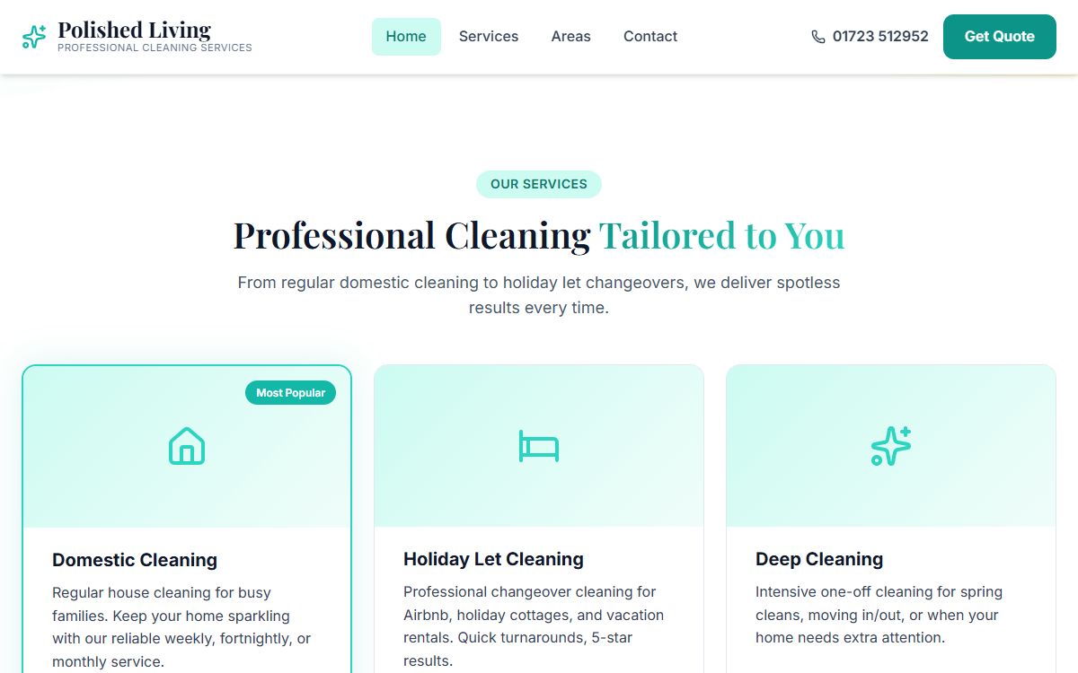 Polished Living – Website for a Filey Cleaning Company screenshot
