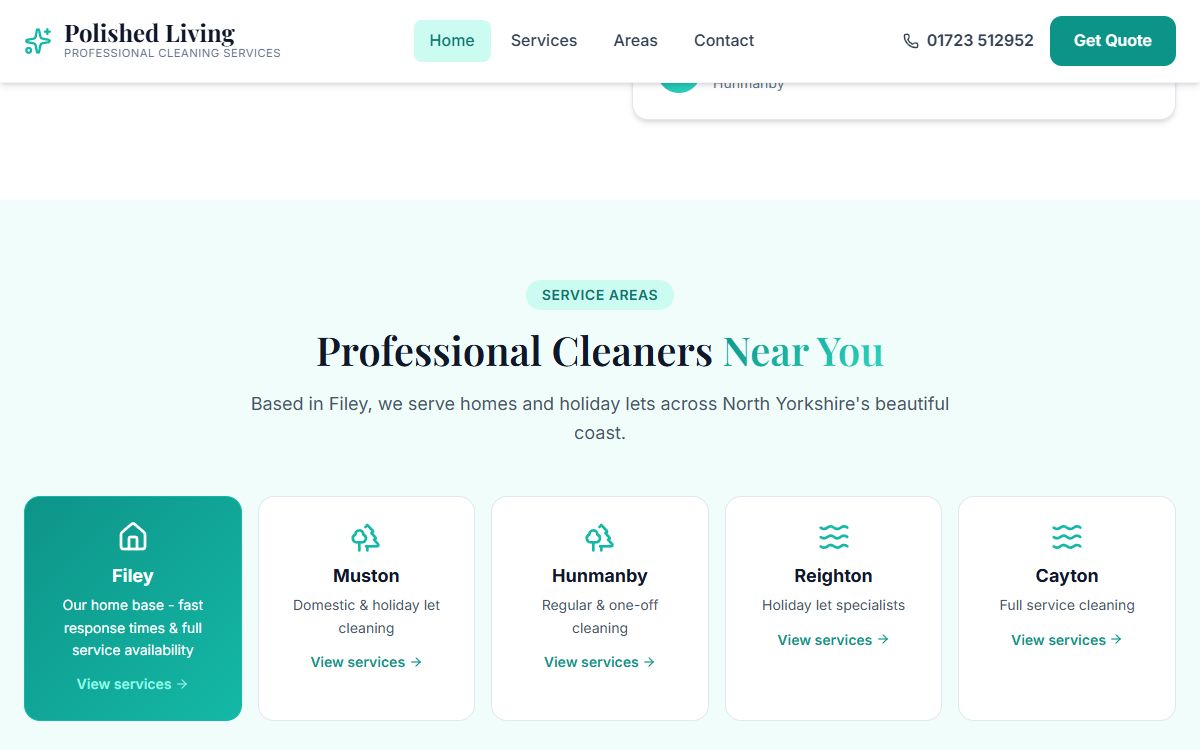 Polished Living – Website for a Filey Cleaning Company screenshot