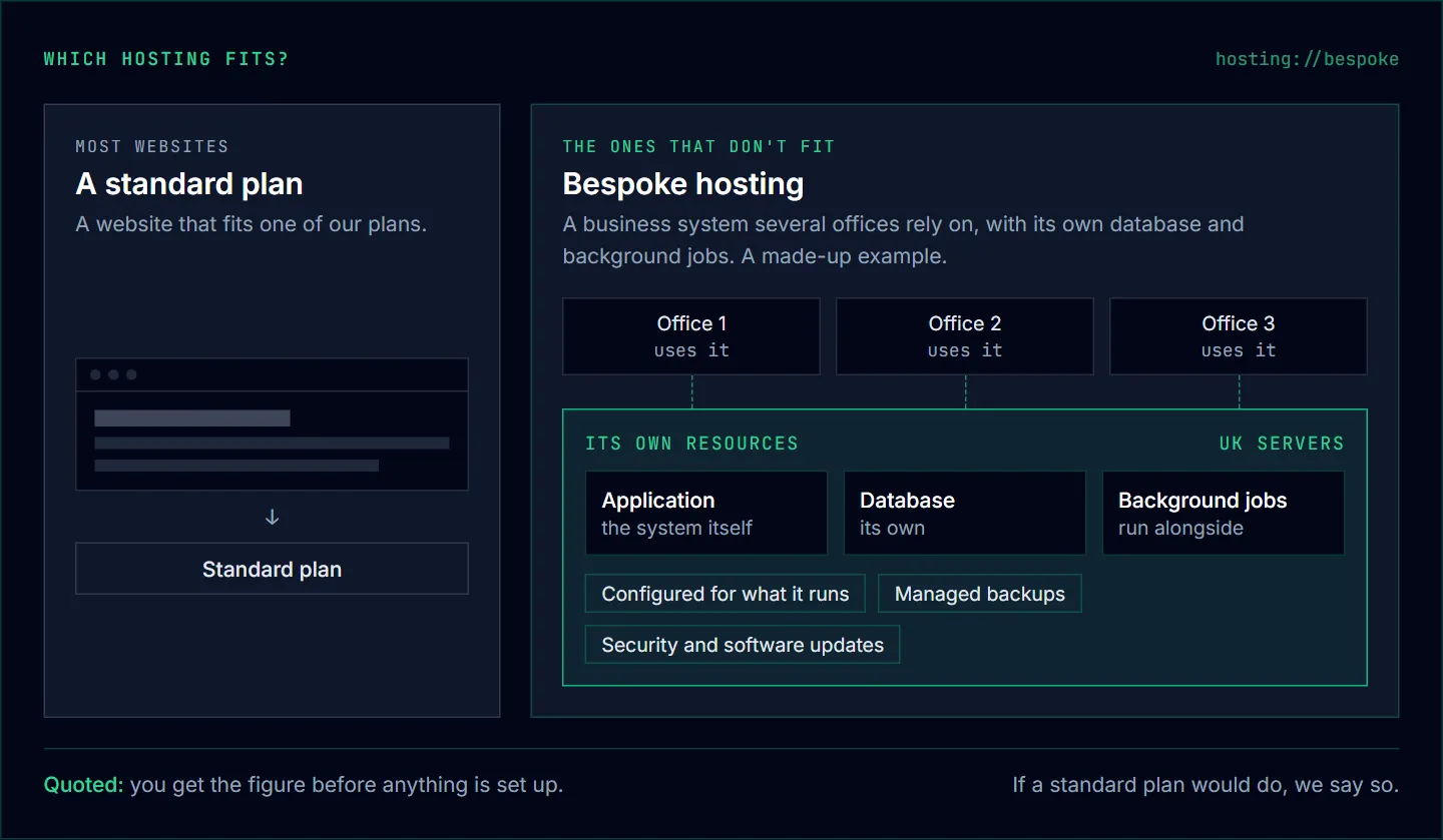 Two panels. Most websites fit a standard plan. Bespoke hosting is for a business system several offices rely on: it gets its own resources on UK servers, with application, database and background jobs, backups and updates, quoted before set-up.