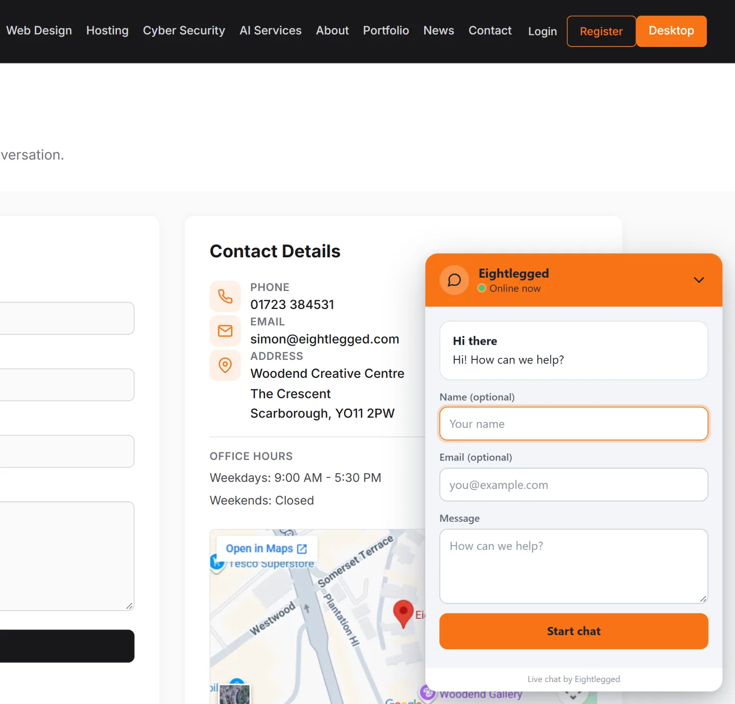The chat open on Eightlegged's own contact page: our name, Online now, a greeting, and a short form to start a chat.