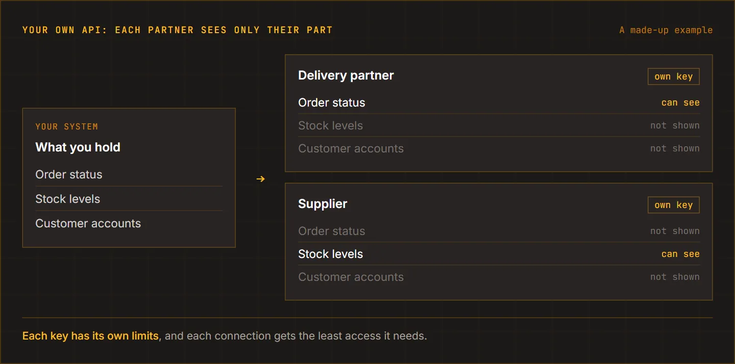 A made-up business API with two partners, each with their own key: the delivery partner sees only order status, the supplier sees only stock levels, and customer accounts are not shown to either.